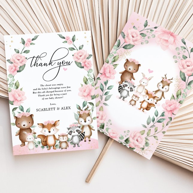 Carte De Remerciements Bois rose pâle Baby shower d'animaux floraux (Créateur téléchargé)