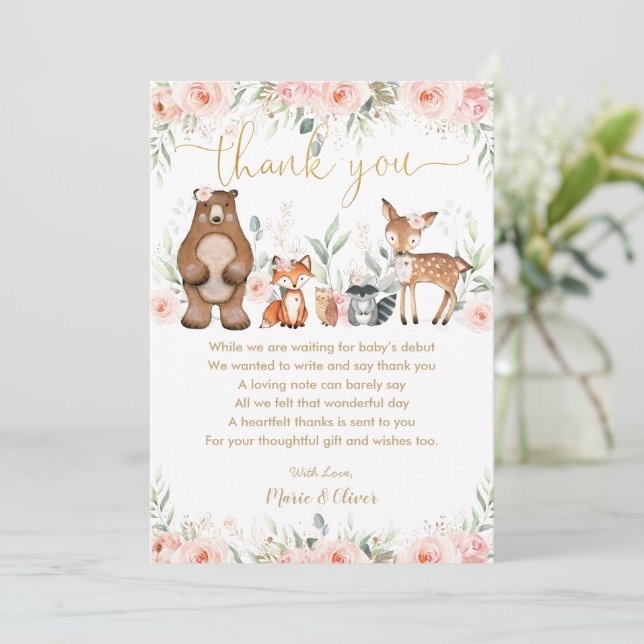 Carte De Remerciements Bois rose pâle Baby shower de la forêt (Debout devant)