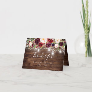 Carte De Remerciements Bois rustique Bourgogne Floral Lumières Mariage