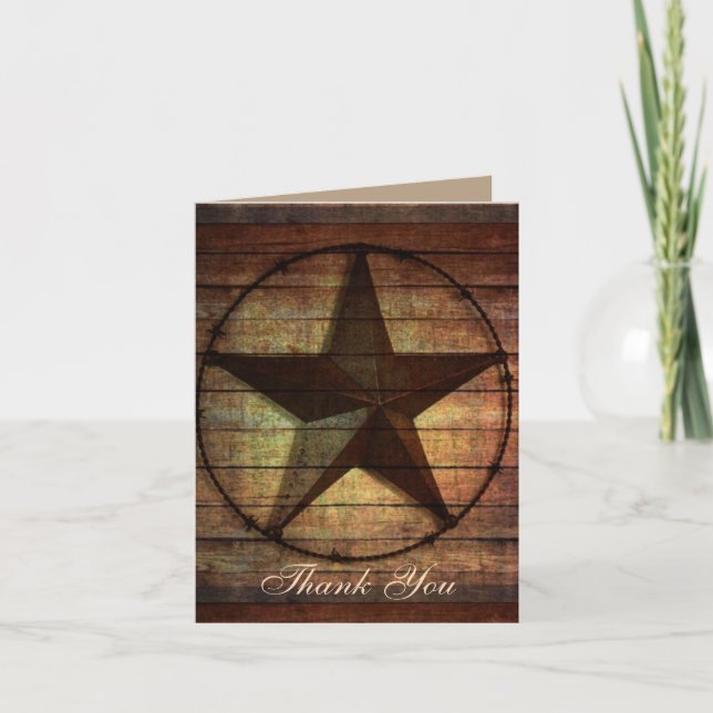 Carte De Remerciements bois rustique étoile du texas mariage western merc (Devant)