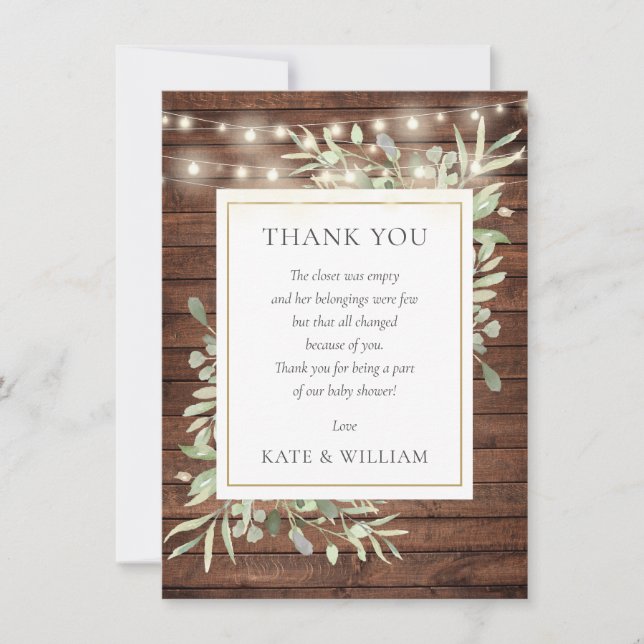 Carte De Remerciements Bois rustique Lumières Verdure Baby shower poème (Devant)