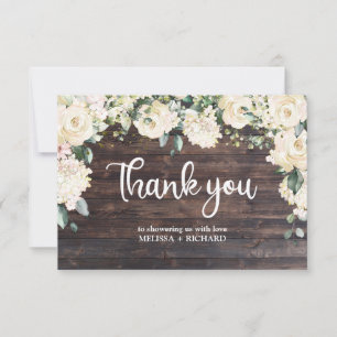 Carte De Remerciements Bois rustique verdure blanc roses fleuris bébé