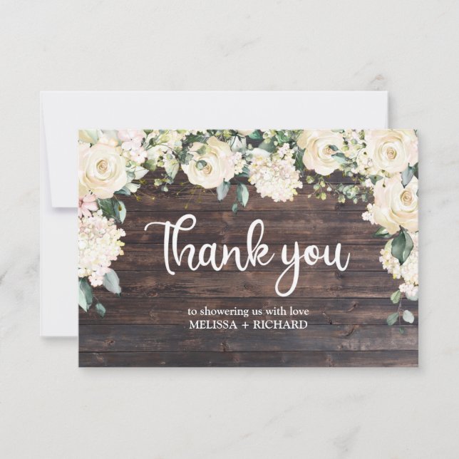 Carte De Remerciements Bois rustique verdure blanc roses fleuris bébé (Devant)