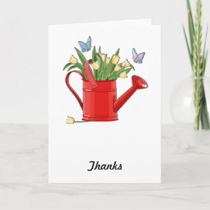 Carte De Remerciements Boîte d'arrosage rouge brillante avec les tulipes