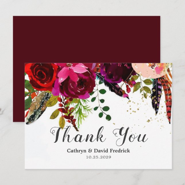 Carte De Remerciements Bold Boho Burgundy Floral Mariage Flat (Devant / Derrière)