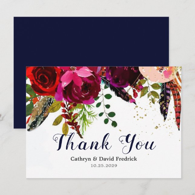 Carte De Remerciements Bold Boho Burgundy Navy Floral Mariage Flat (Devant / Derrière)