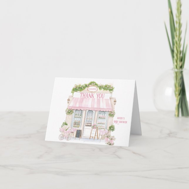 Carte De Remerciements Bonjour Bebe Rose Café Parisien Baby Girl Douche (Devant)