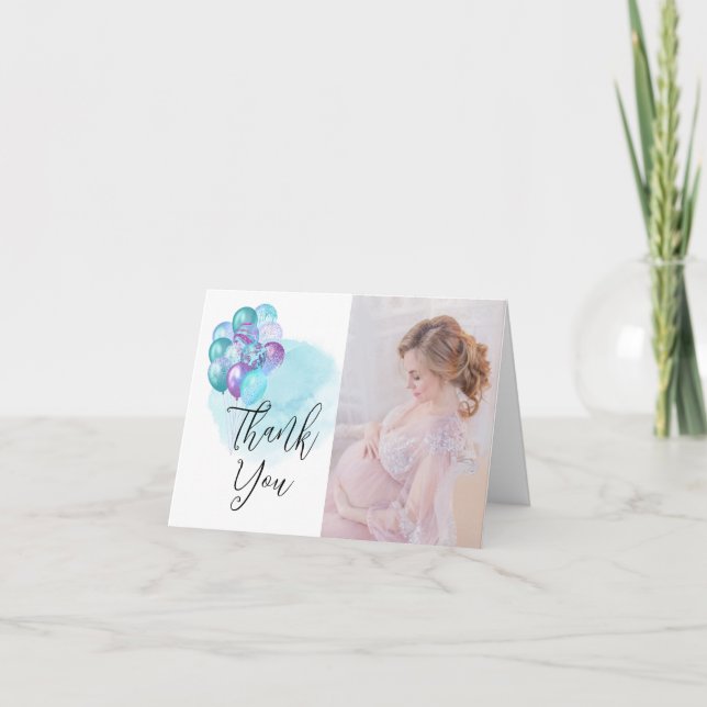 Carte De Remerciements Bonjour Bébé Turquoise Ballons violet Baby shower (Devant)