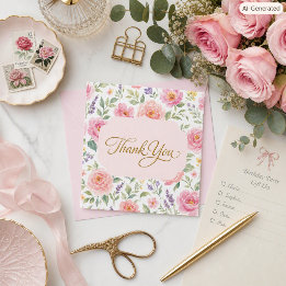 Carte De Remerciements Botanical Pink Roses Gold Script