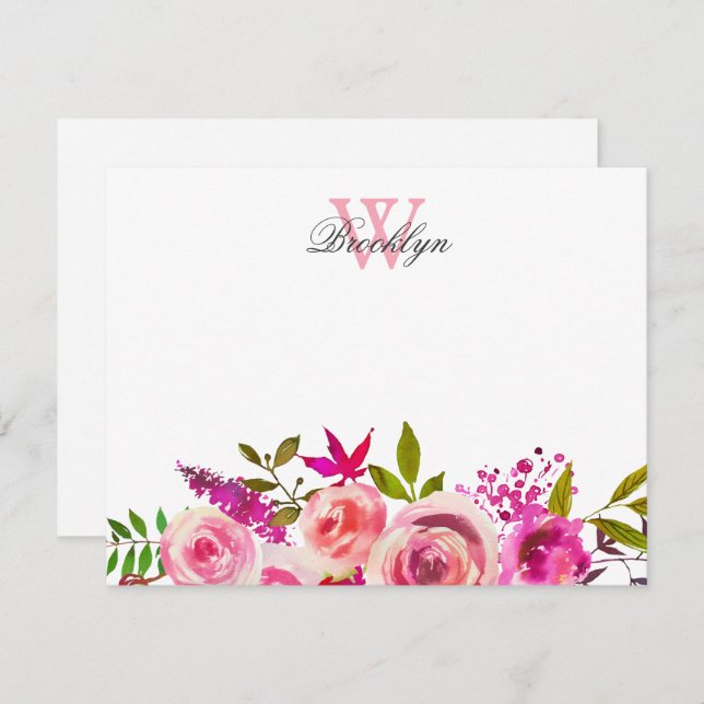 Carte De Remerciements Botanique rose vif Monogramme (Devant / Derrière)