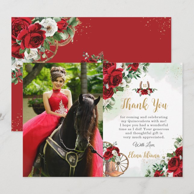 Carte De Remerciements Bottes florales de Roses blanches rouges Charro Qu (Devant / Derrière)