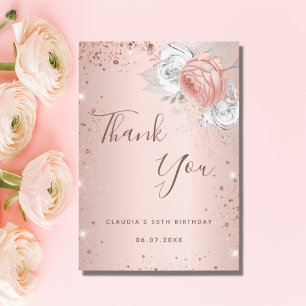 Carte De Remerciements Boue d'anniversaire rose or parties scintillant fl