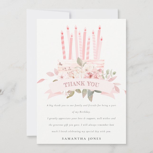 Carte De Remerciements Bougies de gâteau florales rose mignonnes pour ann (Devant)