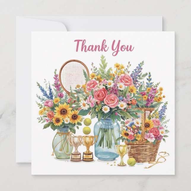 Carte De Remerciements Boule de tennis avec fleurs du joueur de tennis (Devant)
