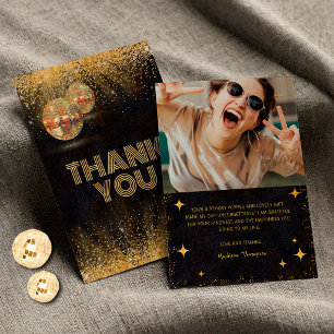 Carte De Remerciements Boules de Disco Pailletées d'Or Noir Chic pour Ann