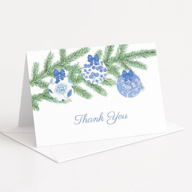 Carte De Remerciements Boules de Noël Bleu Classique Mariage (Blue and white chinoiserie baubles holiday theme thank you card)