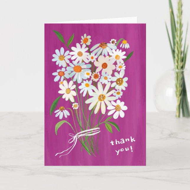 Carte De Remerciements Bouquet Daisy peint à la main Gouache Fuchsia rose (Devant)