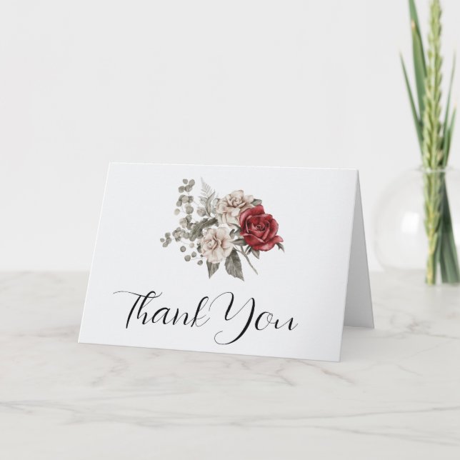 Carte De Remerciements Bouquet de fleurs rouge gris et crème Boho (Devant)