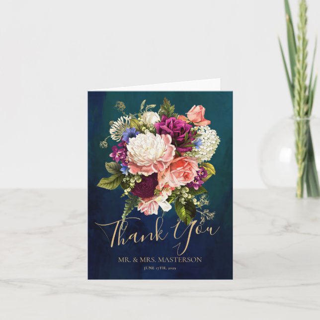 Carte De Remerciements Bouquet floral romantique Emerald Green Mariage or (Devant)