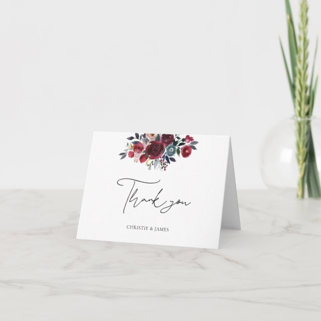 Carte De Remerciements Bourgogne Aquarelle Florale Mariage Fête des marié (Devant)