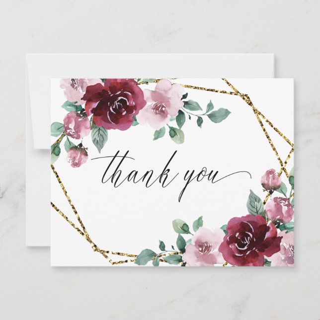 Carte De Remerciements Bourgogne Dusty Rose rose Floral or Mariage (Devant)