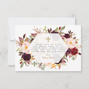 Carte De Remerciements Bourgogne Floral Or Géométrique Sainte Communion