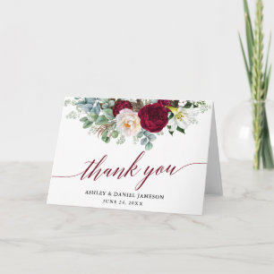 Carte De Remerciements Bourgogne Floral Vert Calligraphie Mariage Plier
