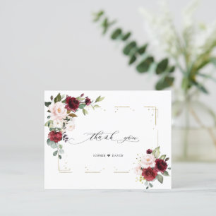 Carte De Remerciements Bourgogne rose Fleurs or Parties scintillant Maria
