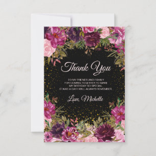 Carte De Remerciements Bourgogne rose Parties scintillant Florale Noir An
