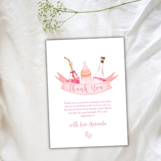 Carte De Remerciements Bouteilles de champagne rose moderne Pieds Baby sh (Pink Modern Champagne Bottles Feet Baby Shower Thank You Card)