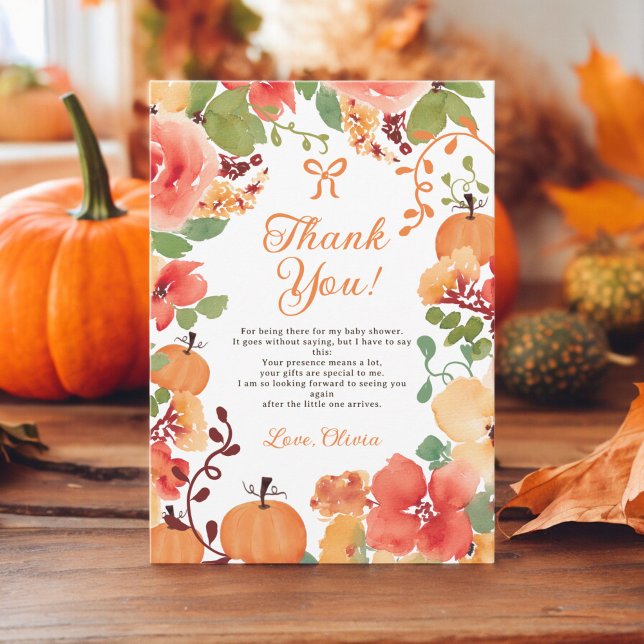 Carte De Remerciements Bow Boho Little baby shower floral citrouille (Fall Bow Boho Little pumpkin floral baby shower Thank You Card)