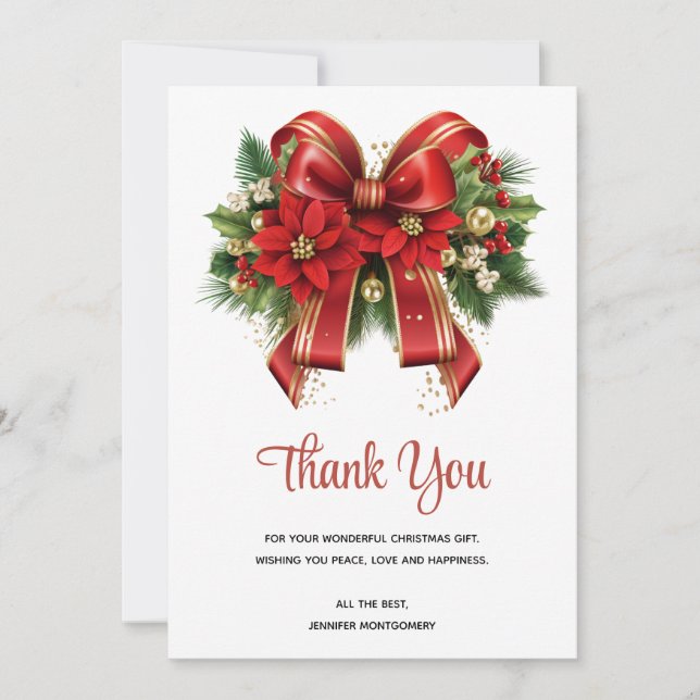 Carte De Remerciements Bow de Noël Festif Rouge et Or (Devant)