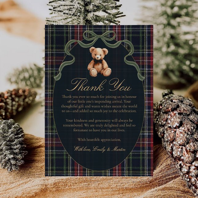 Carte De Remerciements Bow Plaid Teddy Bear Baby Shower Thank You Card (Créateur téléchargé)
