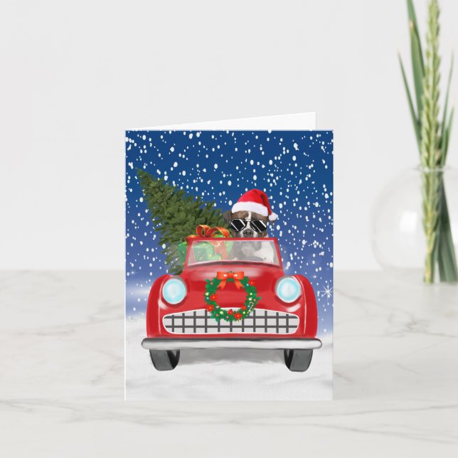 Carte De Remerciements Boxer Chien Conduite Voiture En Noël De Neige (Devant)