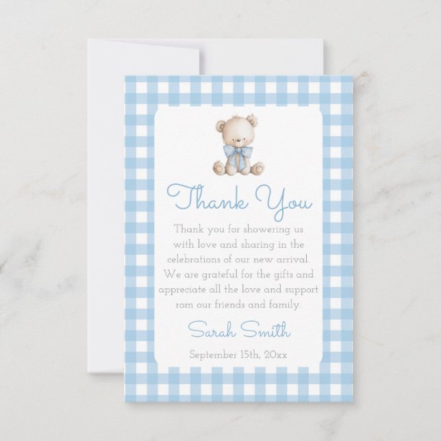 Carte De Remerciements Boy Bear Gingham (Devant)
