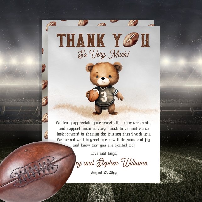 Carte De Remerciements Boy Bearly Wait Baby shower de football américain (Teddy Bear Boy American Football Baby Shower Thank You - Bearly Wait Collection)
