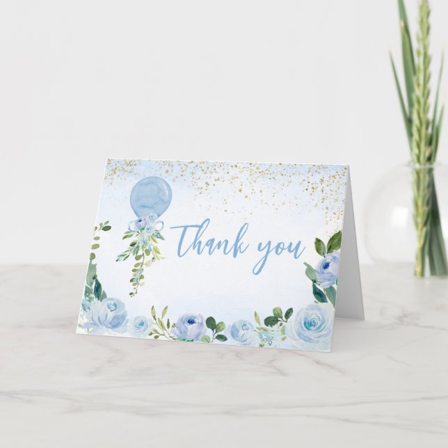 Carte De Remerciements Boy Blue Balloon Baby shower de verdure (Devant)