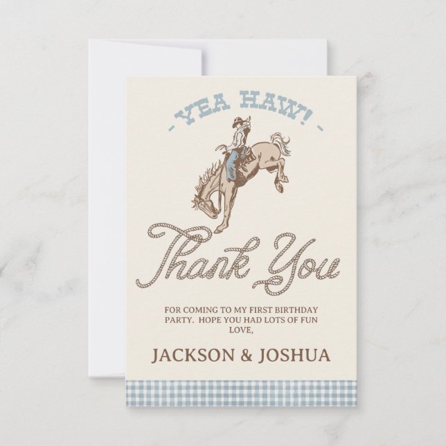 Carte De Remerciements Boys Blue Gray Twins First Rodeo 1st Birthday (Devant)
