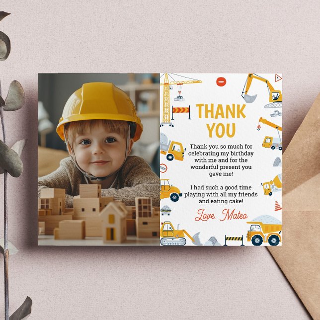 Carte De Remerciements Boys Construction Véhicules Anniversaire Photo (Créateur téléchargé)