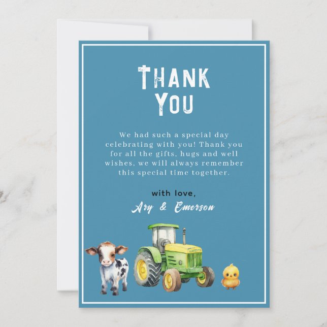 Carte De Remerciements Boys Cute Farm Animaux Baby shower tracteur (Devant)