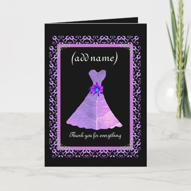Carte De Remerciements BRIDESMAID Wedding Thank You - PURPLE Gown (Devant)