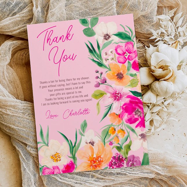 Carte De Remerciements Bright bold fleurs sauvages script douche de marié (Bright bold wild flowers script bridal shower thank you card on pastel pink)