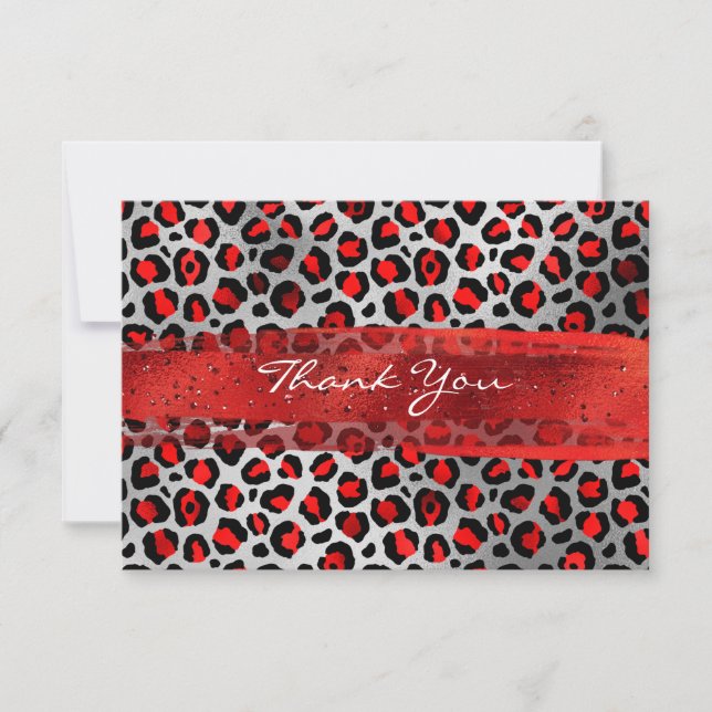 Carte De Remerciements Brosse léopard rouge et argent (Devant)