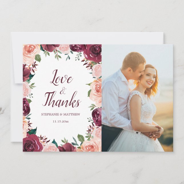 Carte De Remerciements Brousse rose bordeaux Rose photo Mariage frontalie (Devant)