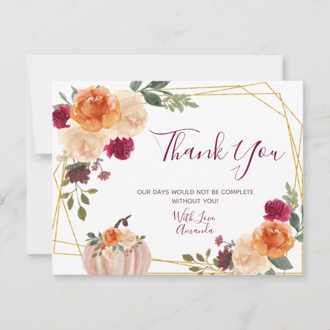 Carte De Remerciements Brûlé Orange Citrouille Floral Bridal & Baby showe (Devant)
