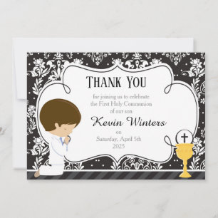 Carte De Remerciements Brunette Boy First Communion Damask