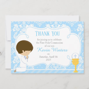 Carte De Remerciements Brunette Boy First Communion Damask
