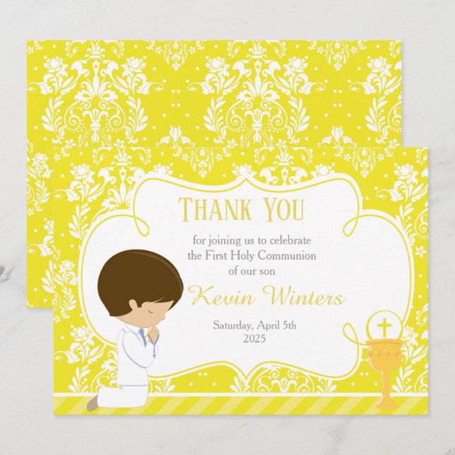 Carte De Remerciements Brunette garçon First Communion Damask (Devant / Derrière)