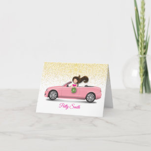 Carte De Remerciements Brunette Girl en voiture avec Parties scintillant 
