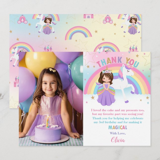 Carte De Remerciements Brunette Princess Rainbow Unicorn Photo Anniversai (Devant / Derrière)